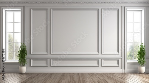 Classical empty room interior 3d render,The rooms have wooden floors and gray walls ,decorate with white moulding,there are white window looking out to the nature view. photo