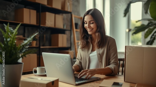 Young online business owner looking at laptop while preparing deliveries for clients