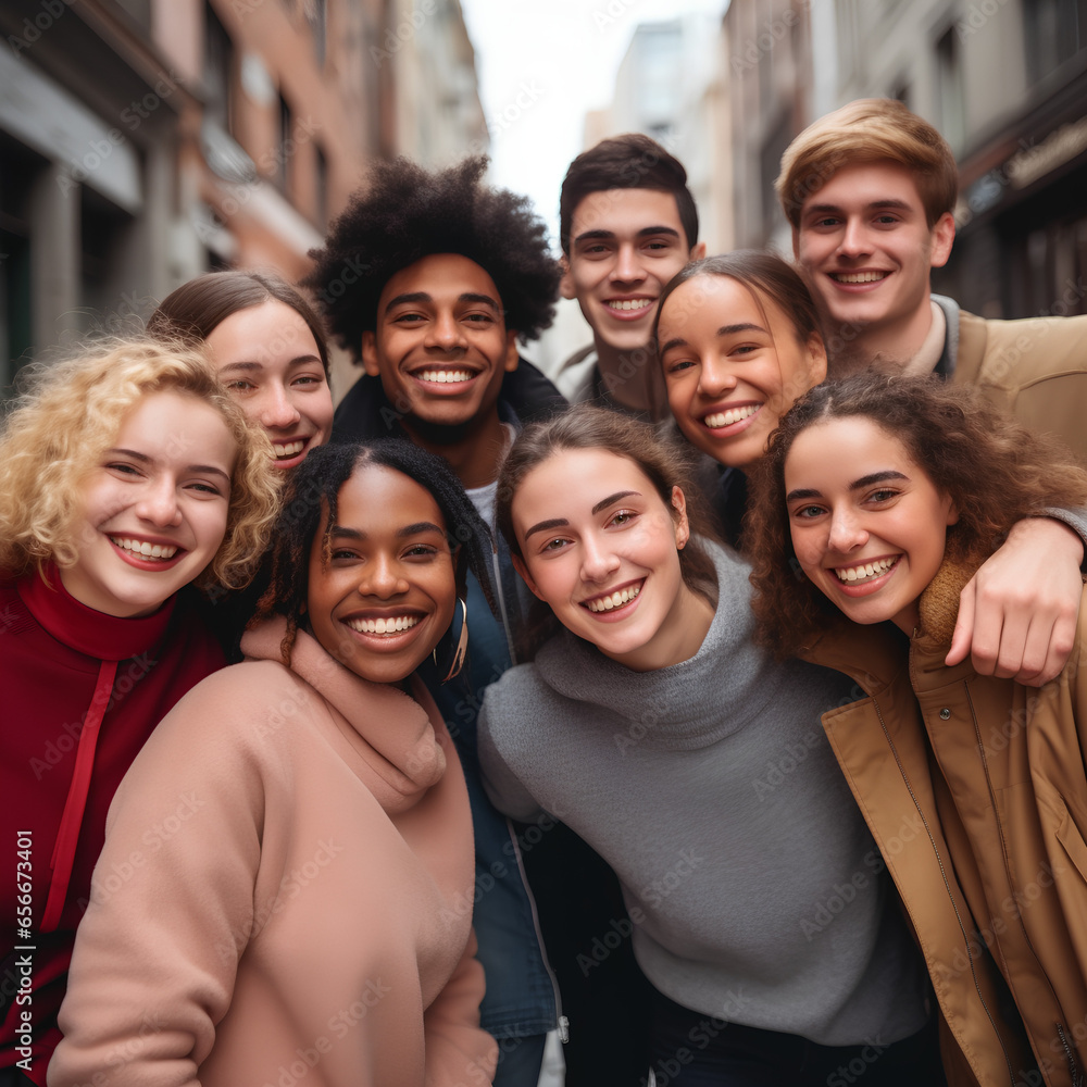 Multiracial best friends having fun outside - Group of young people smiling at camera outdoors - Friendship concept with guys and girls hanging out on city street Multiracial best friends having fun outside - Group of young people smiling at camera outdoors - Friendship concept with guys and girls hanging out on city street