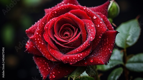 A close-up of a single red rose with dewdrops on its petals.