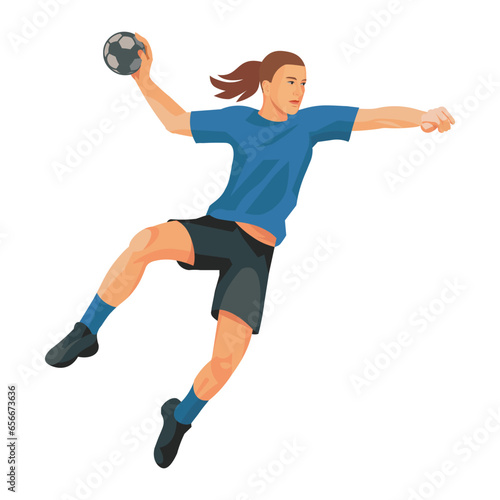 Isolated girl figure of a women's handball player in a blue sports uniform jumped high to throw the ball