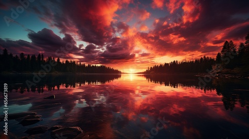 A fiery sunset reflected in a glassy lake.
