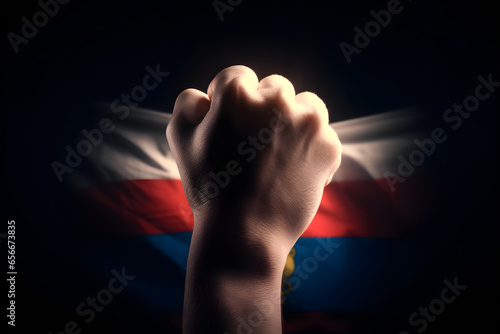 Flag of Russia and the hand clenched into a fist on a dark background, independence day