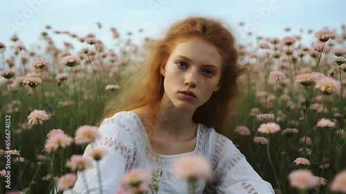 portrait young woman in the middle of a field of flowers, spring concept, beauty