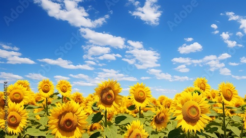A panoramic view of a sunflower field under a clear sky.