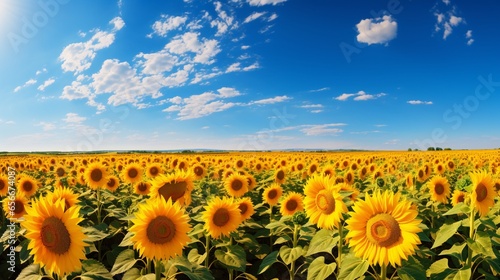 A panoramic view of a sunflower field under a clear sky.