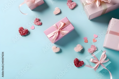 Flat lay composition with gift boxes and pink flowers on blue background with copyspace, top view, for product presentation, product display, banner background