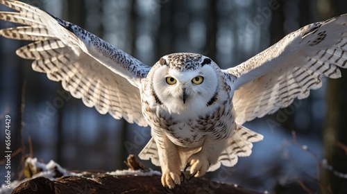 A snowy owl taking off from a tree branch. © Creative artist1