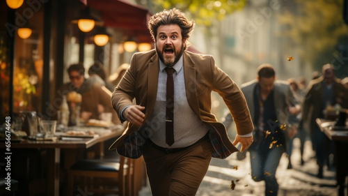Blurred motion of Energetic business man is running with carrying a briefcase to a business meeting. Competition concept. photo