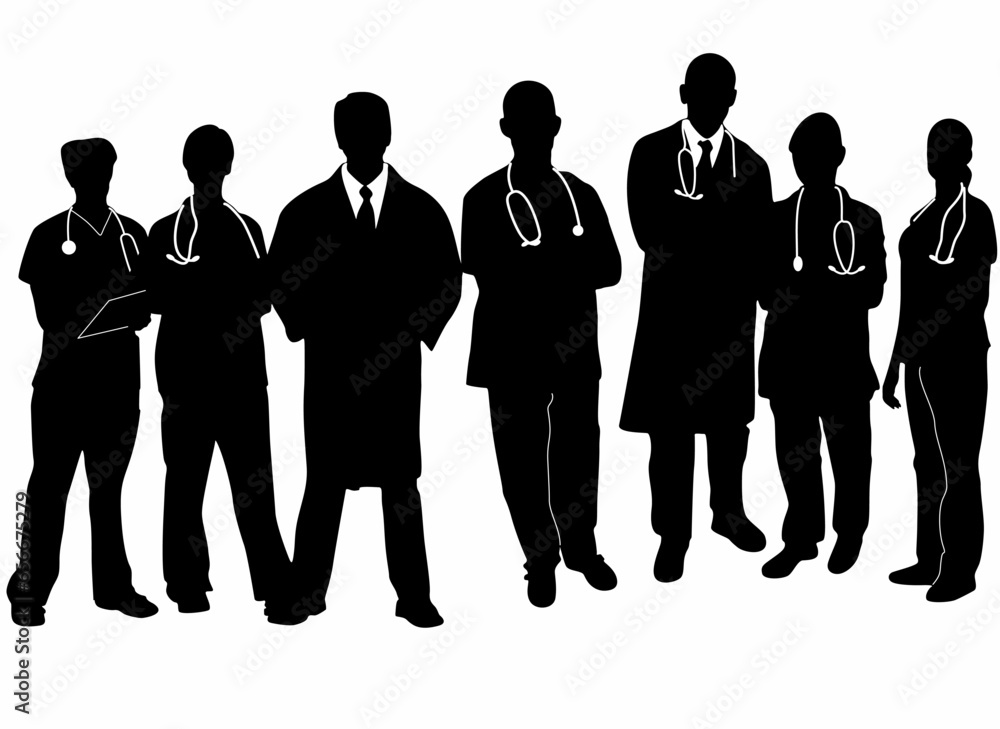 Set of doctor and nurse hospital worker icon silhouettes, on white background Set of doctor and nurse hospital worker icon silhouettes, on white background