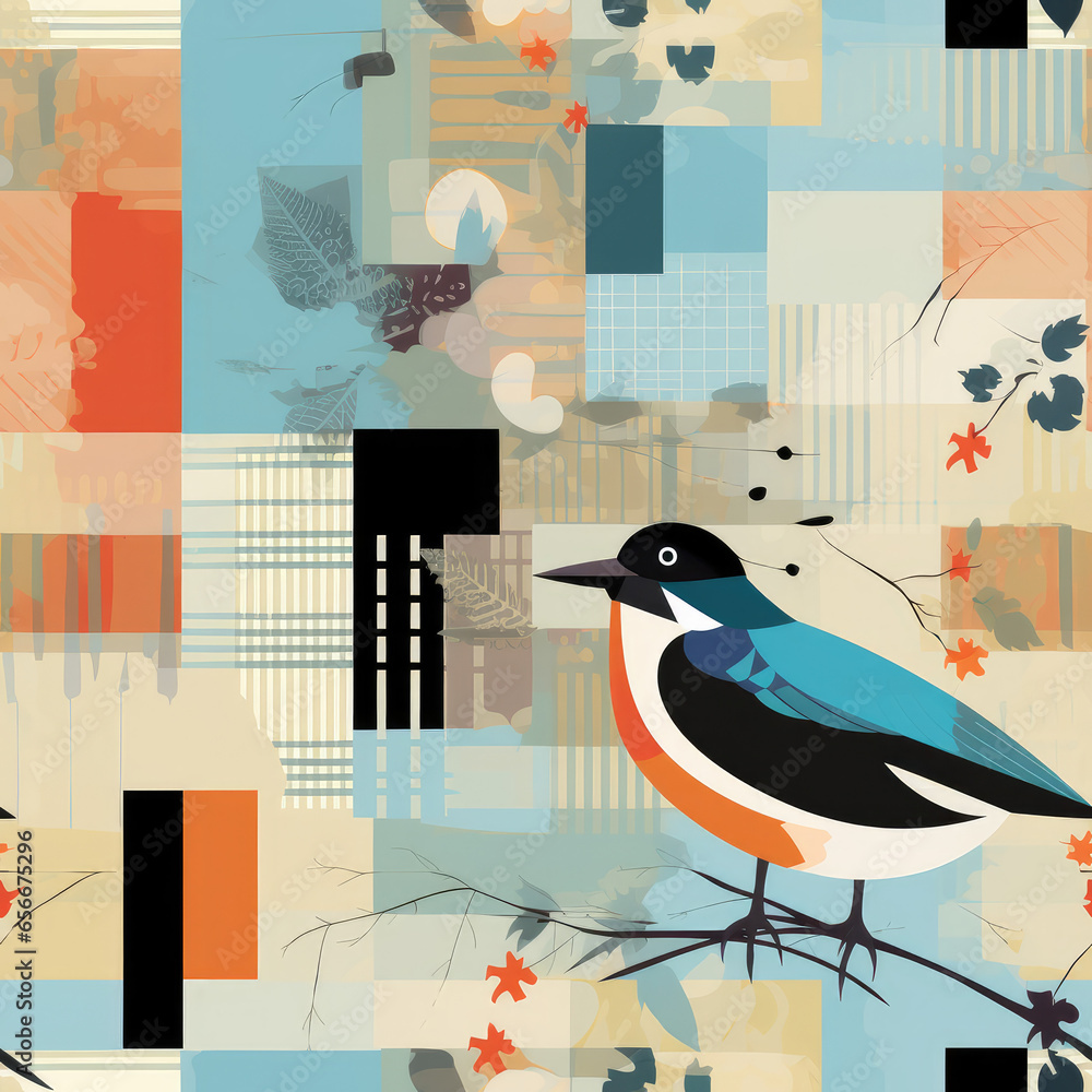 Fototapeta premium Birds cool funky retro animal cartoon repeat pattern 8 bit