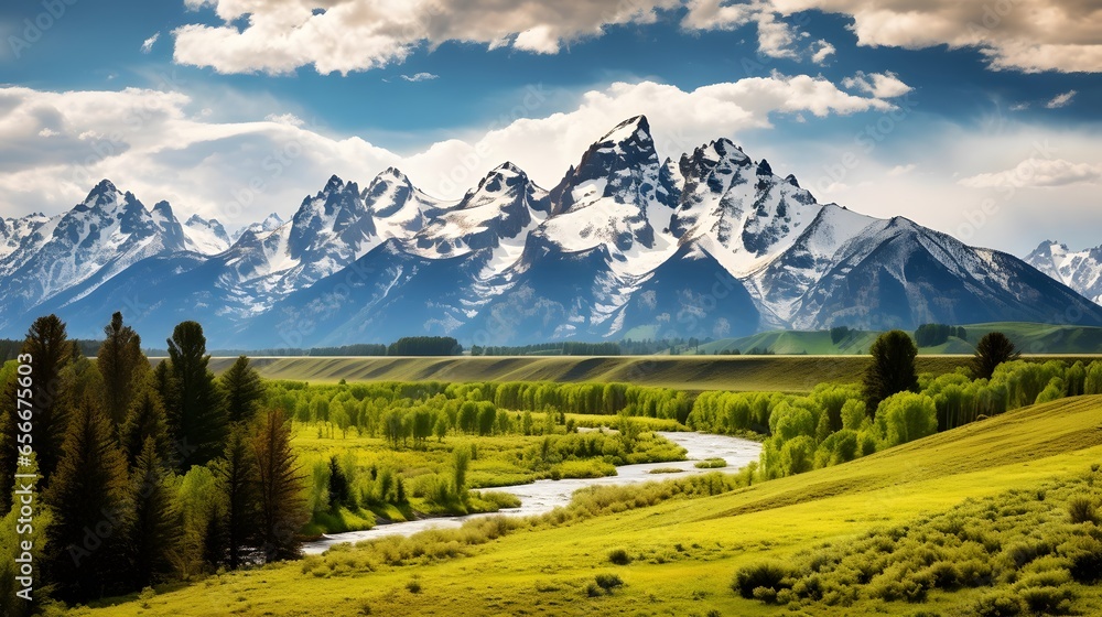 Panoramic view of snow capped mountain range and meadow in spring