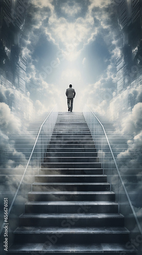 Ascending Ambition Businessman Merged with Stairs Embodying Journey to Corporate Triumph