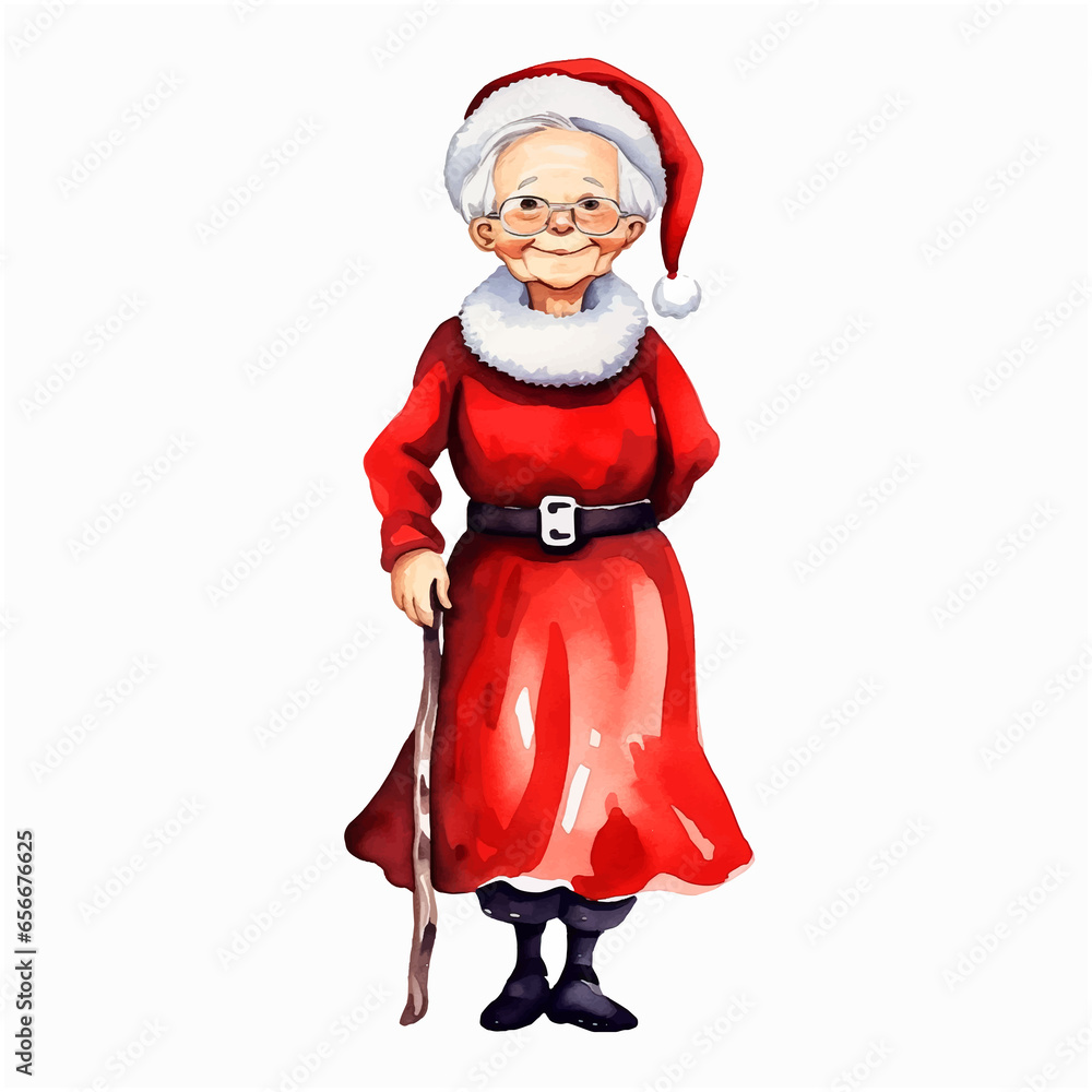 An old woman dressed as santa claus watercolor paint An old woman dressed as santa claus watercolor paint