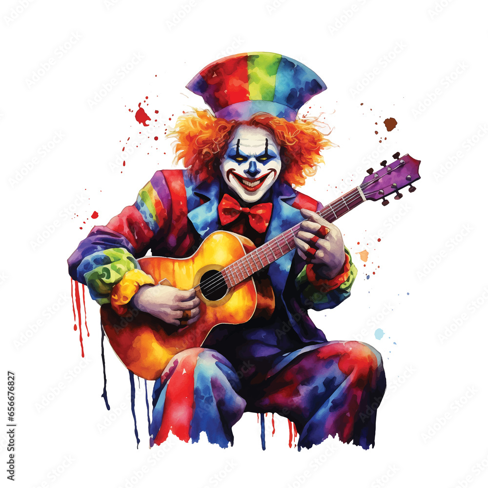  Clown playing guitar watercolor paint art