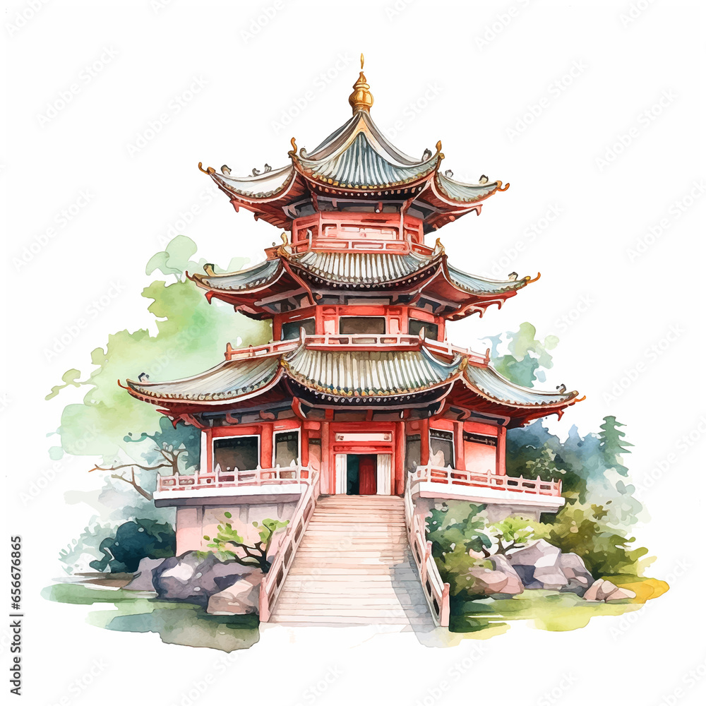 Chinese temple watercolor paint ilustration Chinese temple watercolor paint ilustration
