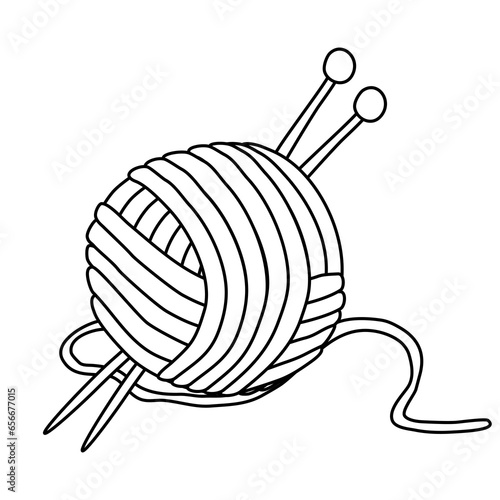 Ball of yarn and knitting needles, hobby or DIY, doodle style flat vector outline for coloring book