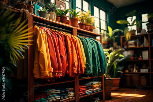 interior of modern wardrobe with clothes and accessories