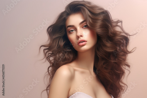 Gorgeous Model with Wavy Hair: A Captivating Portrait of a Beautiful Woman, Isolated on a Soft Pastel Beige Background, Emphasizing Skin and Hair Care..