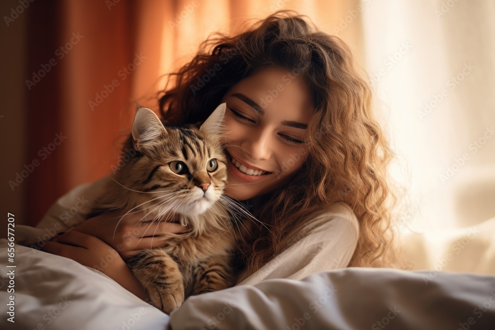 A young woman hugs her adorable tabby cat in a close-up portrait, radiating happiness and care.