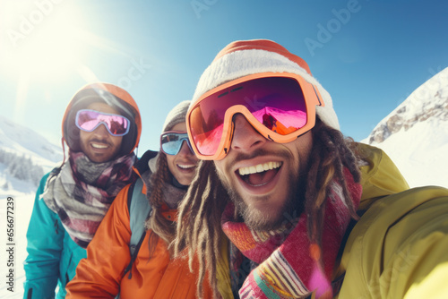 Sunny Snow Day Bliss: Friends in Ski Outfits Having a Blast, Gazing at the Camera Amidst Snowy Mountains on a Joyful Ski Holiday..