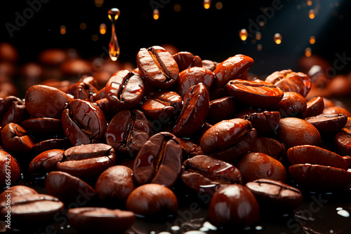 coffee beans in glass with splash on black background