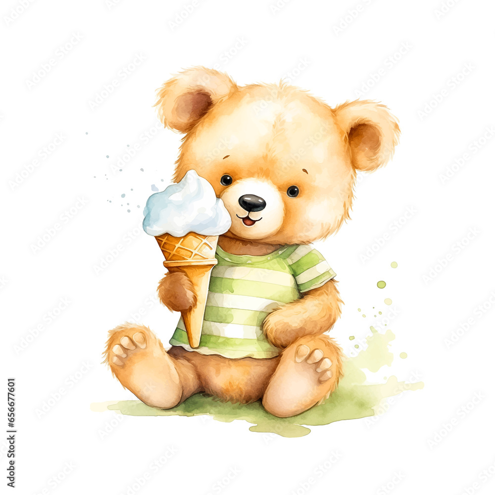 Cute teddy bear eating ice cream watercolor paint Cute teddy bear eating ice cream watercolor paint