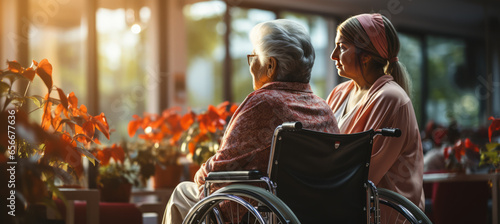 Elderly patients in a wheelchair in a hospital.