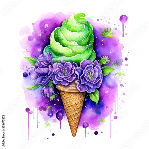Ice cream with flowers watercolor paint