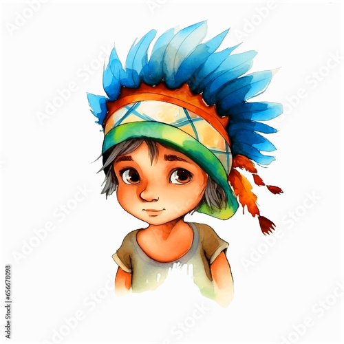 Native American little boy watercolor paint 