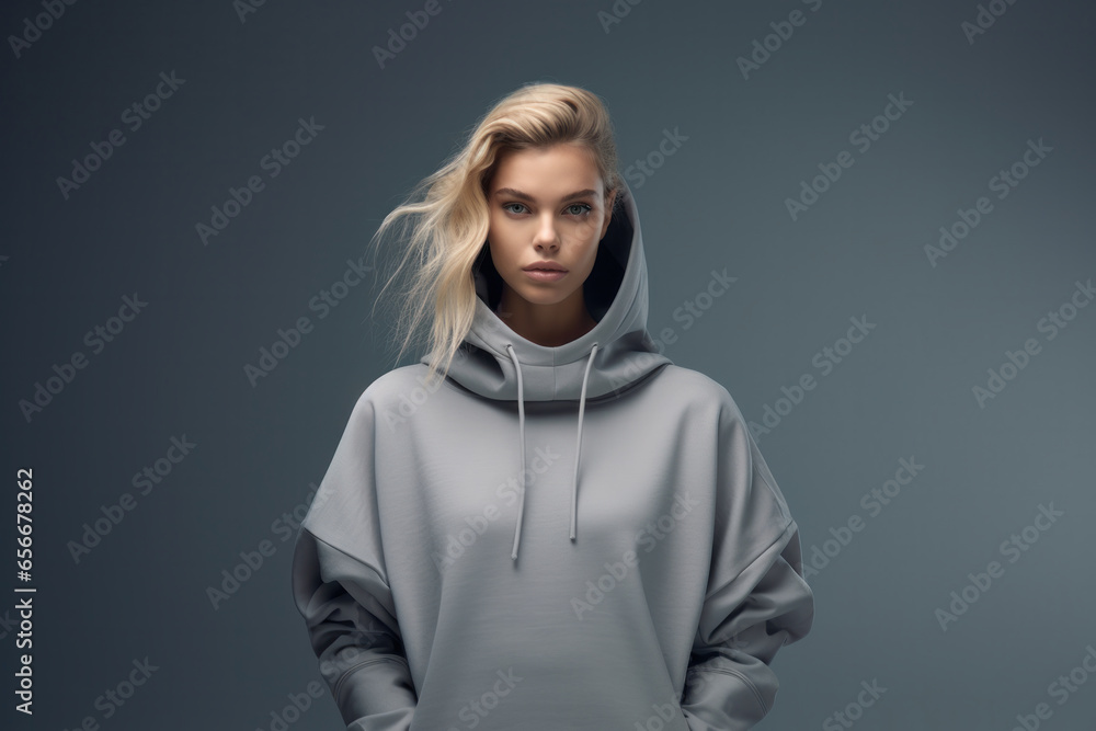 Chic in Gray: A Blonde Woman Stylishly Clad in a Large Oversized Gray Plain Sweatshirt, Set Against a Coordinating Gray Background.