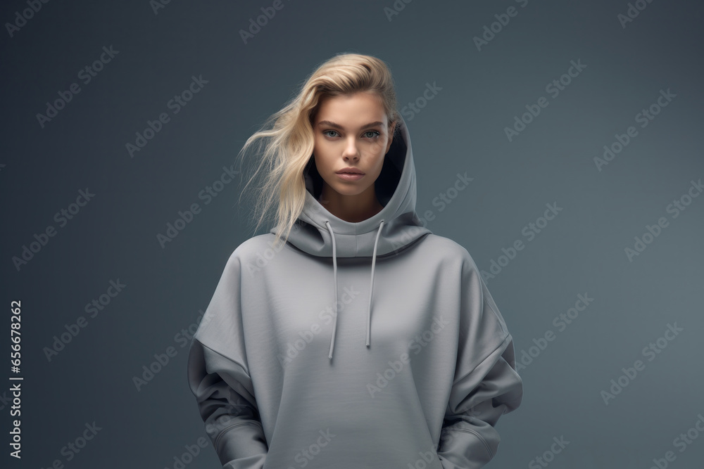 Fototapeta premium Chic in Gray: A Blonde Woman Stylishly Clad in a Large Oversized Gray Plain Sweatshirt, Set Against a Coordinating Gray Background.