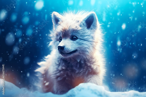 Cartoon cute little white wolf cub with kind eyes in winter on the snow © spyrakot
