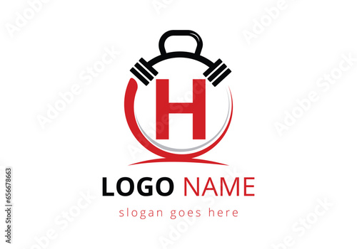 Letter H Logo With barbell. Fitness Gym logo. Lifting vector logo design. Vector logo for bodybuilding
