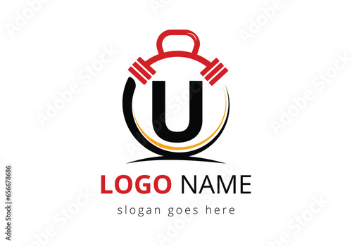 Letter U Logo With barbell. Fitness Gym logo. Lifting vector logo design. Vector logo for bodybuilding