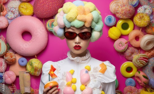 Asian Woman Candy Rainbow Vivid Colors Backdrop Generative AI