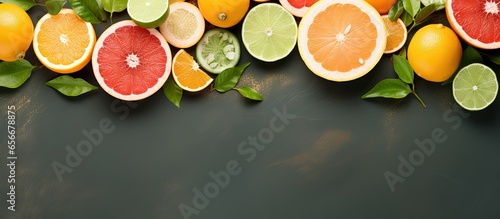 Top view of citrus fruit on green table with sliced and whole orange grapefruit lime and other fruits with leaves