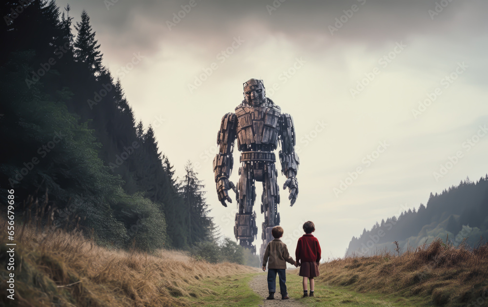 two children meet a stone giant in the forest, cinematic style scene two children meet a stone giant in the forest, cinematic style scene