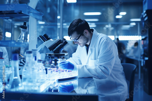 A scientist examining a sample under a microscope in a modern laboratory. Concept of scientific discovery. Generative Ai.