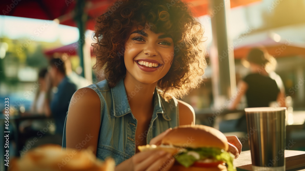 A happy girl eating a burger in an outdoor restaurant as a Breakfast meal craving deal. - obrazy, fototapety, plakaty 