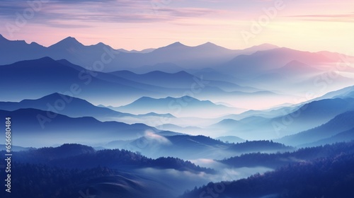 a mountain range at dawn  emphasizing the soft pastel colors and misty valleys in the early morning light