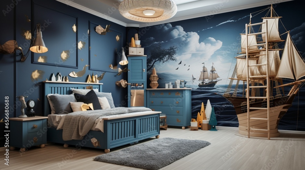 a nautical-themed children's room with sailor decor and a sense of adventure, inspiring young imaginations - obrazy, fototapety, plakaty 