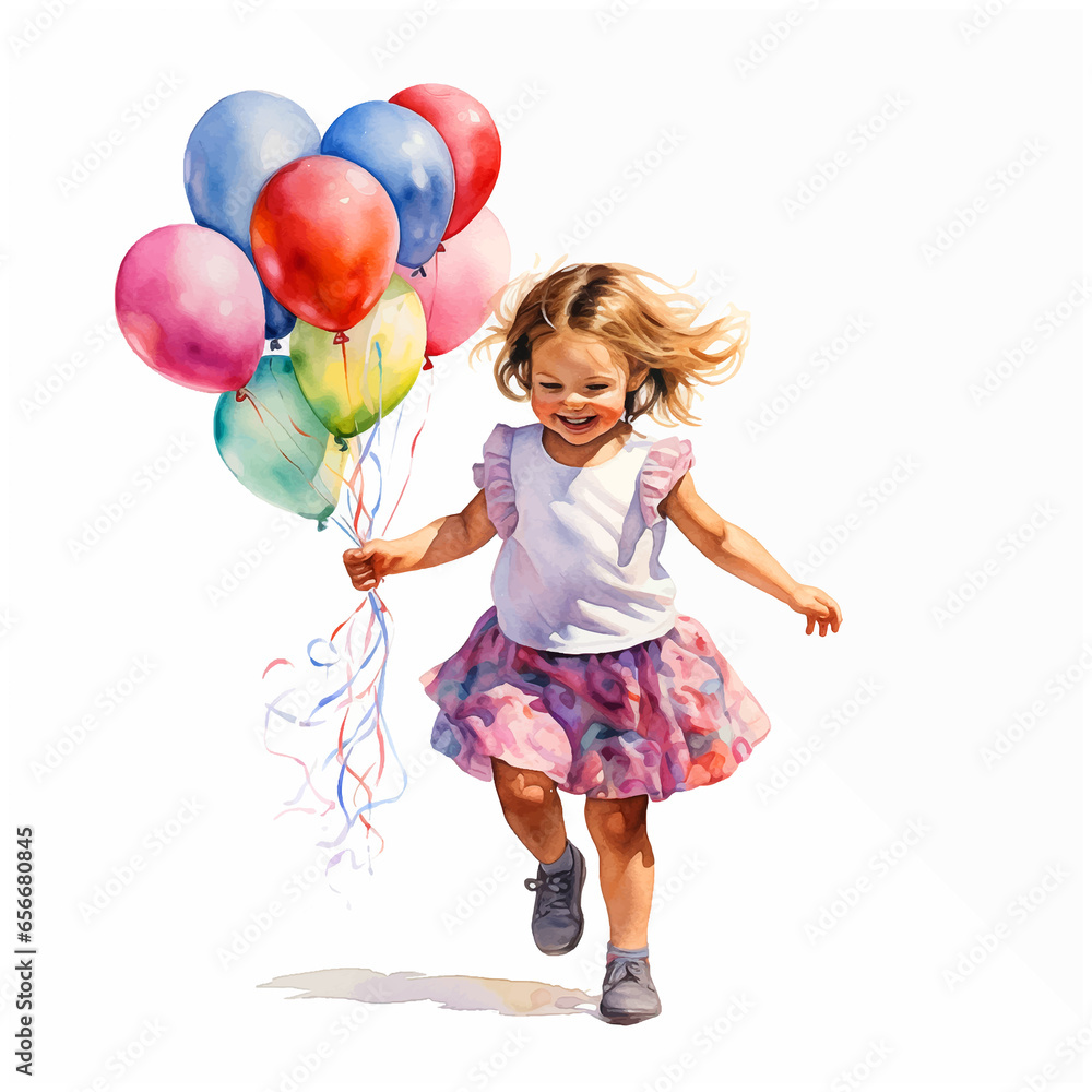 A painting of a little girl holding a bunch of balloons A painting of a little girl holding a bunch of balloons