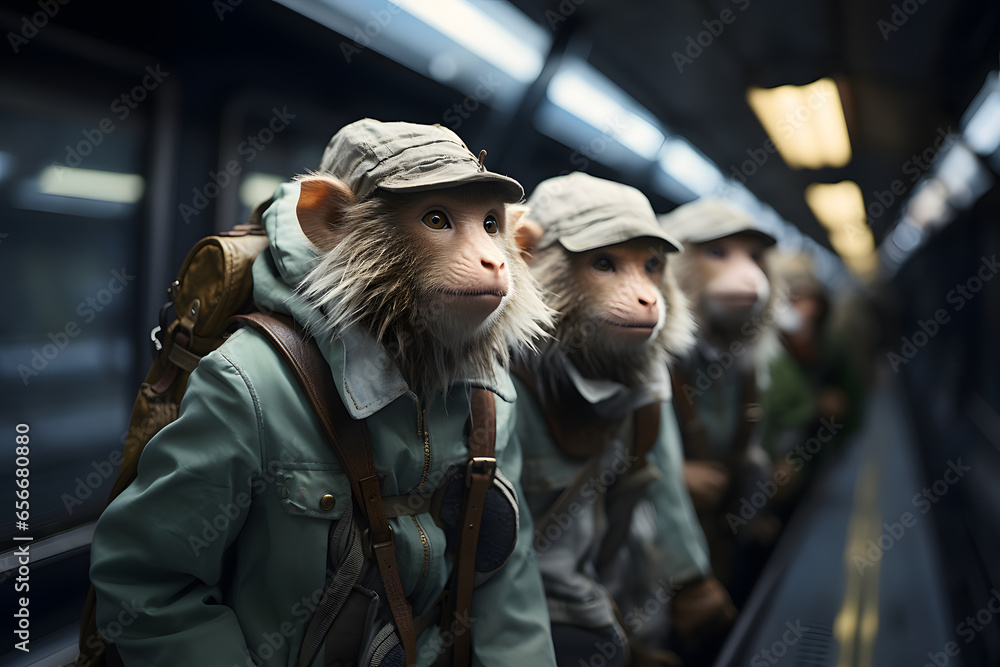 Group of happy baboon in gen z clothes traveling with train.