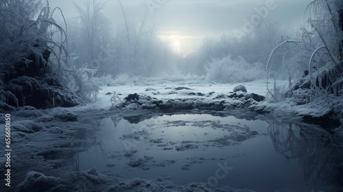 a picture of a frozen pond in the heart of winter, with an emphasis on the delicate ice formations and stillness of the scene
