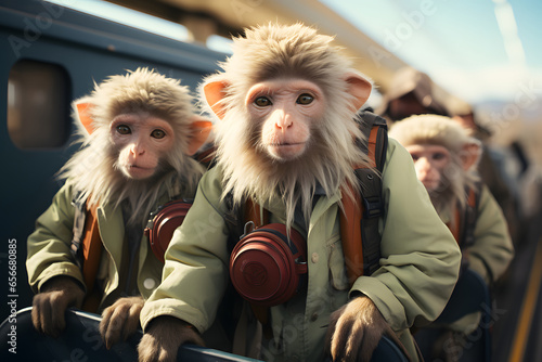 Group of happy baboon in gen z clothes traveling with train.