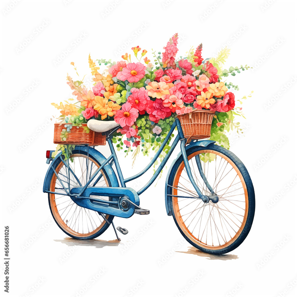 Bicycle with flowers watercolor paint 