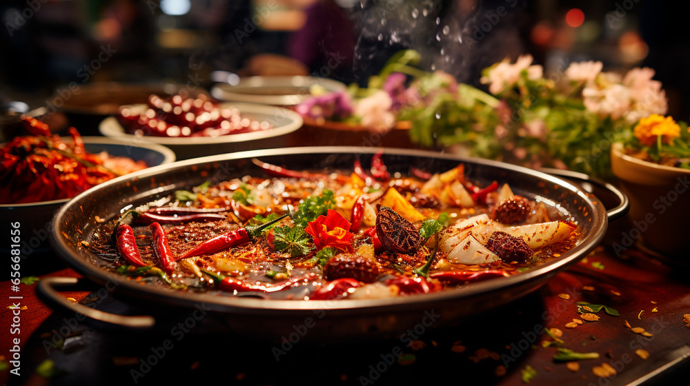 Sichuan Hot Pot Dining Experience: A Taste of China's Spicy Tradition. Generative AI. - obrazy, fototapety, plakaty 