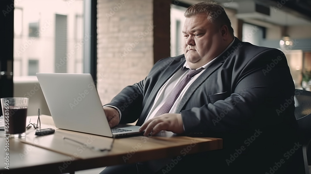 big size business man, fat man note and check on financial paper at working table. big size business man, fat man note and check on financial paper at working table.