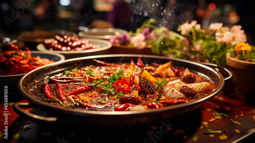 Sichuan Hot Pot Dining Experience: A Taste of China's Spicy Tradition. Generative AI.